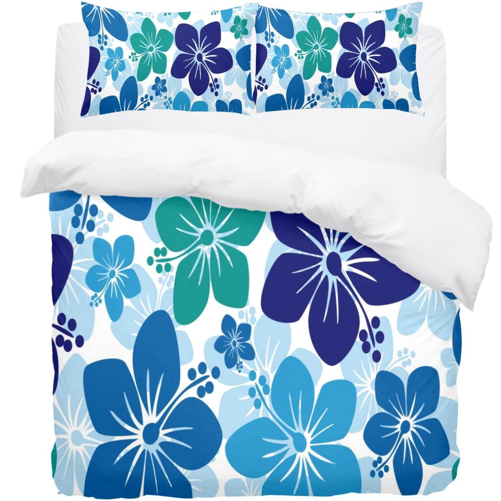 Parure de lit Hawaiian Hibiscus housse de couette bleu violet et 2 taies d'oreiller