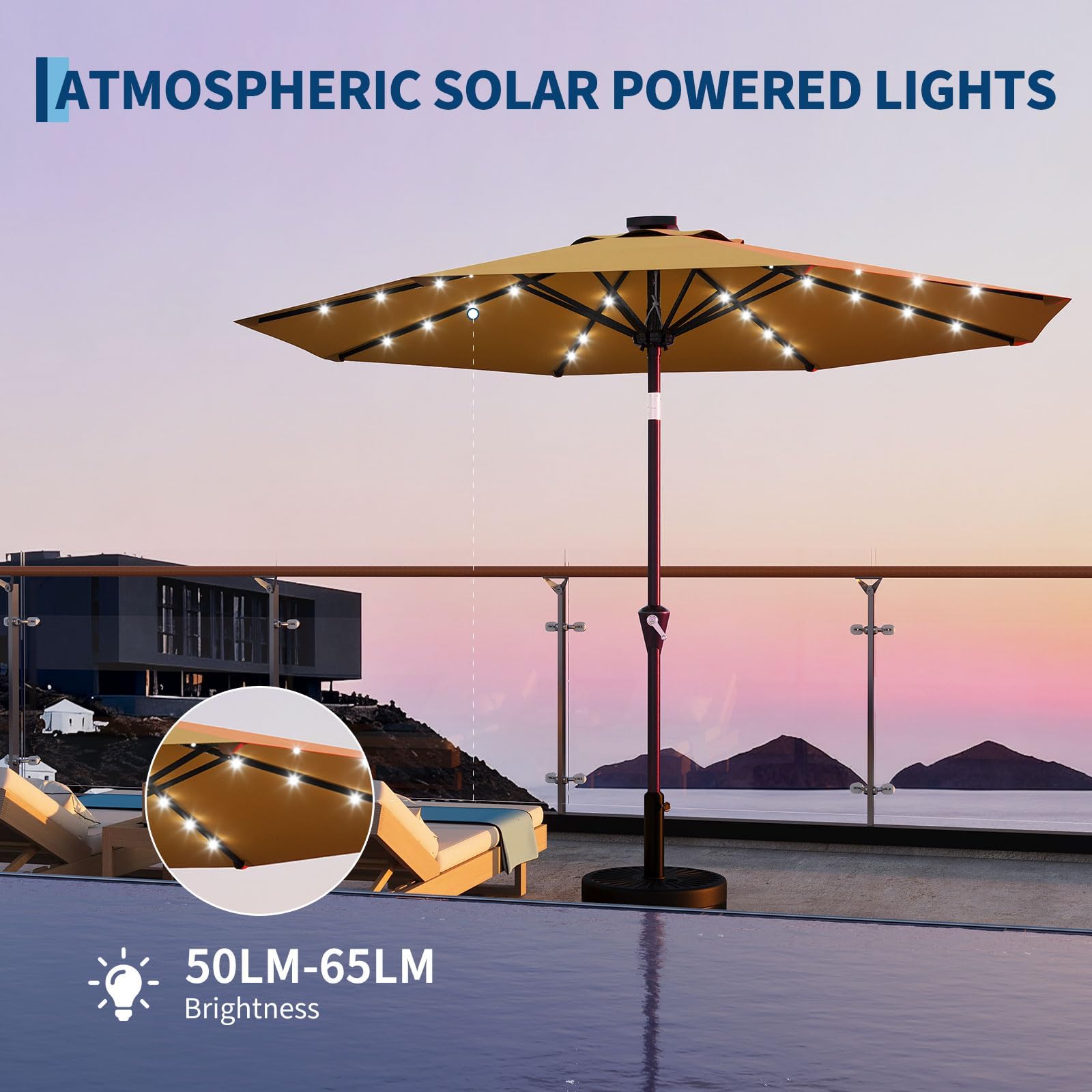 Garvee Sombrilla de Jardín LED Solar 300 cm, Parasol Exterior de Poliéster 180g/m² con 8 Varillas Acero, Manivela, Inclinación 30° Ajustable y Protección UV, Ideal para Terraza y Patio