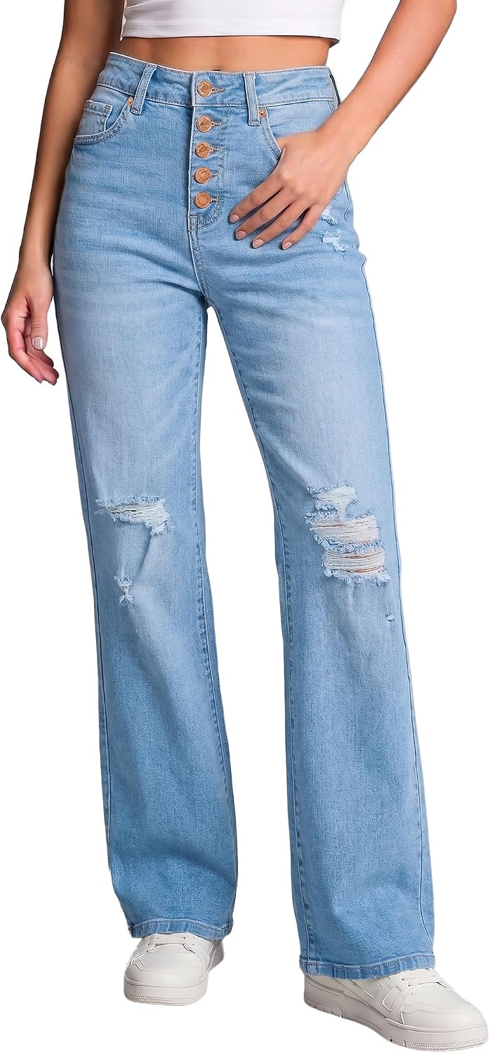 LookbookStore High Waisted Ripped Flare Jeans for Women Distressed Bell Bottom Jeans Wide Leg Pants
