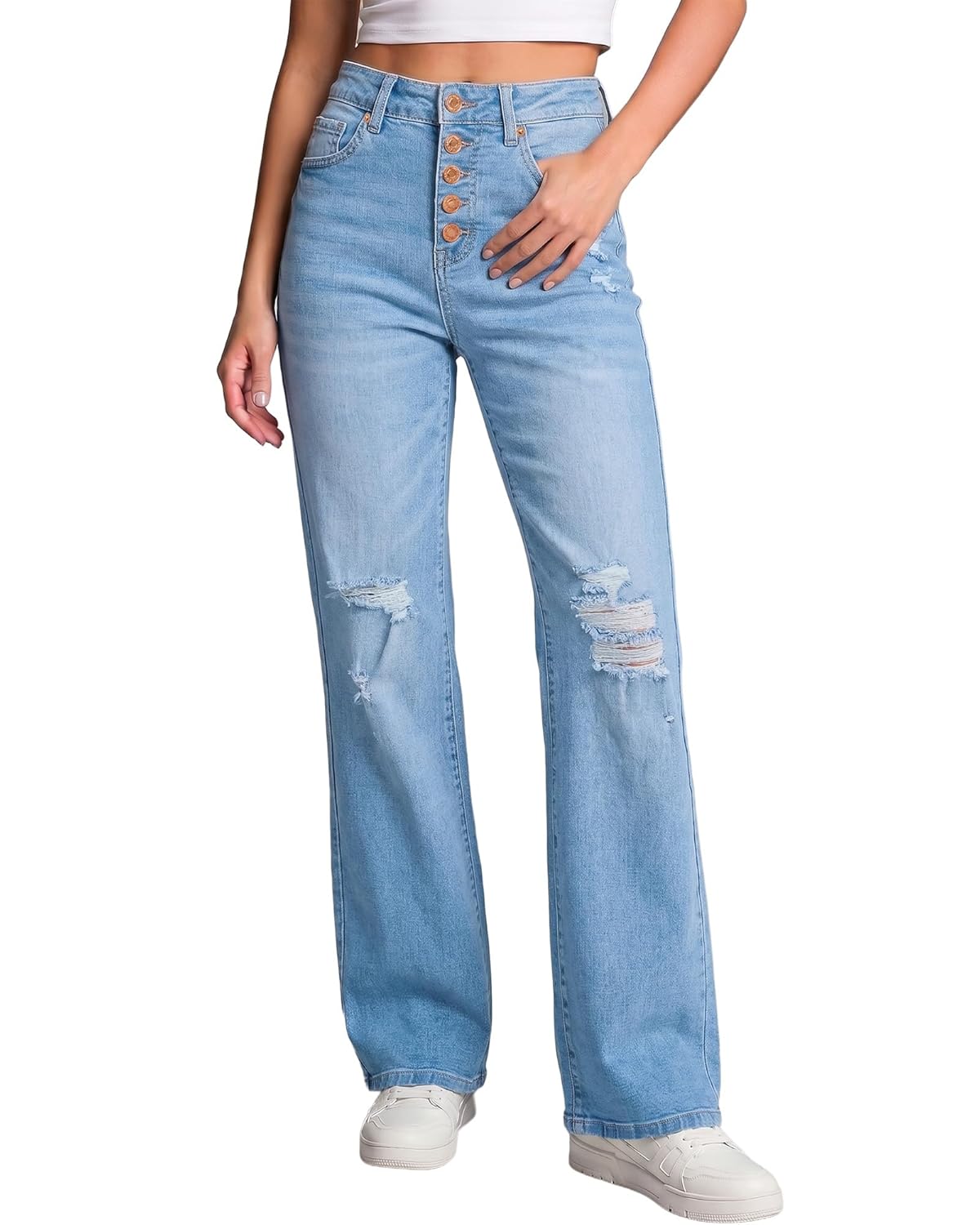 High Waisted Ripped Flare Jeans for Women Distressed Bell Bottom Wide Leg