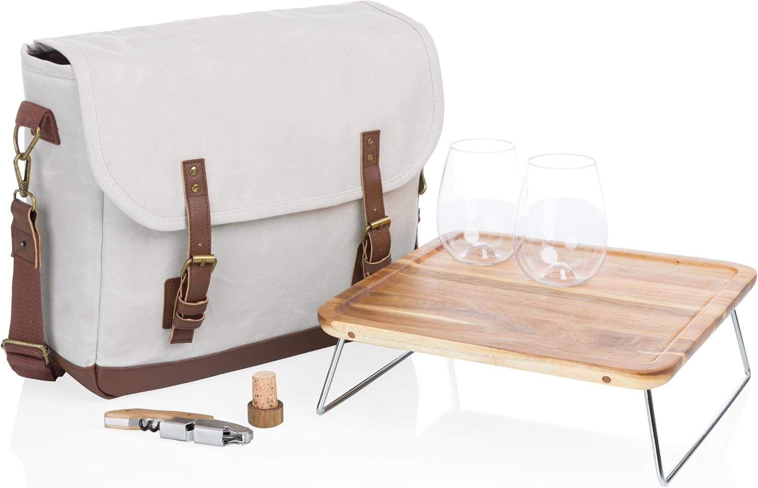 PICNIC TIME Adventure Wine Tote Bag with Wine Glasses and Mini Table, Wine Picnic Bag, 2 Bottle Wine Bag, (White)