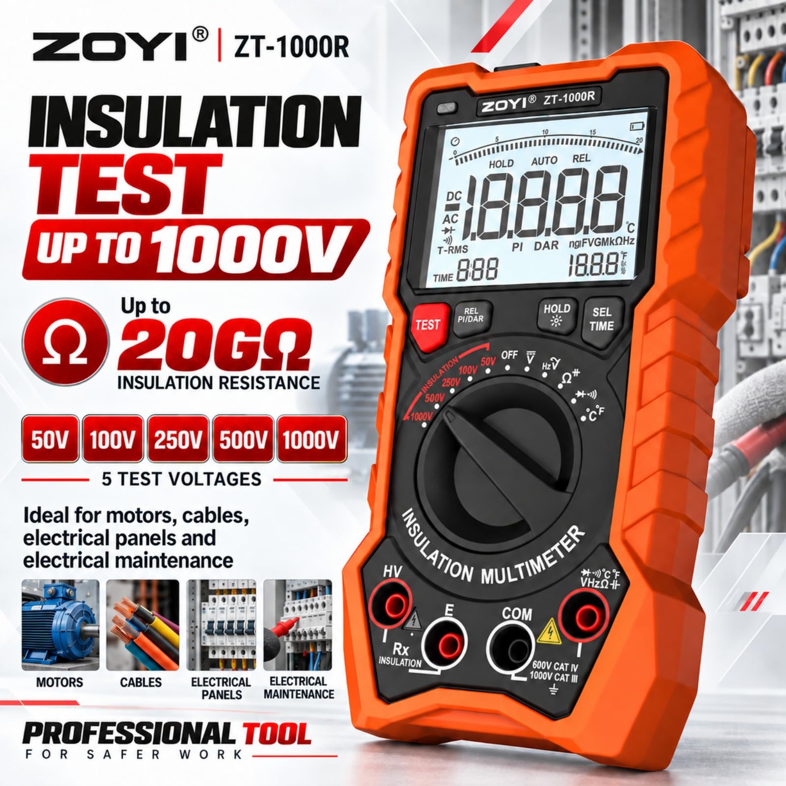 ZOYI ZT-1000R 2 in 1 Megohmmeter Multimeter, 50V/100V/250V/500V/1000V 5 Gear with DAR&PI, Insulation Resistance up to 20GΩ, 19999 Counts Auto Range T-RMS, V,Ω,C,FREQ,Temp, Diode,Continuity Tester — Amazon image 5