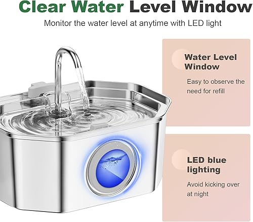 Miniatura 4 de Fuente de agua para gatos de acero inoxidable de 108 oz3.2 L, dispensador automático de agua para perros con ventana de nivel de agua, fuente