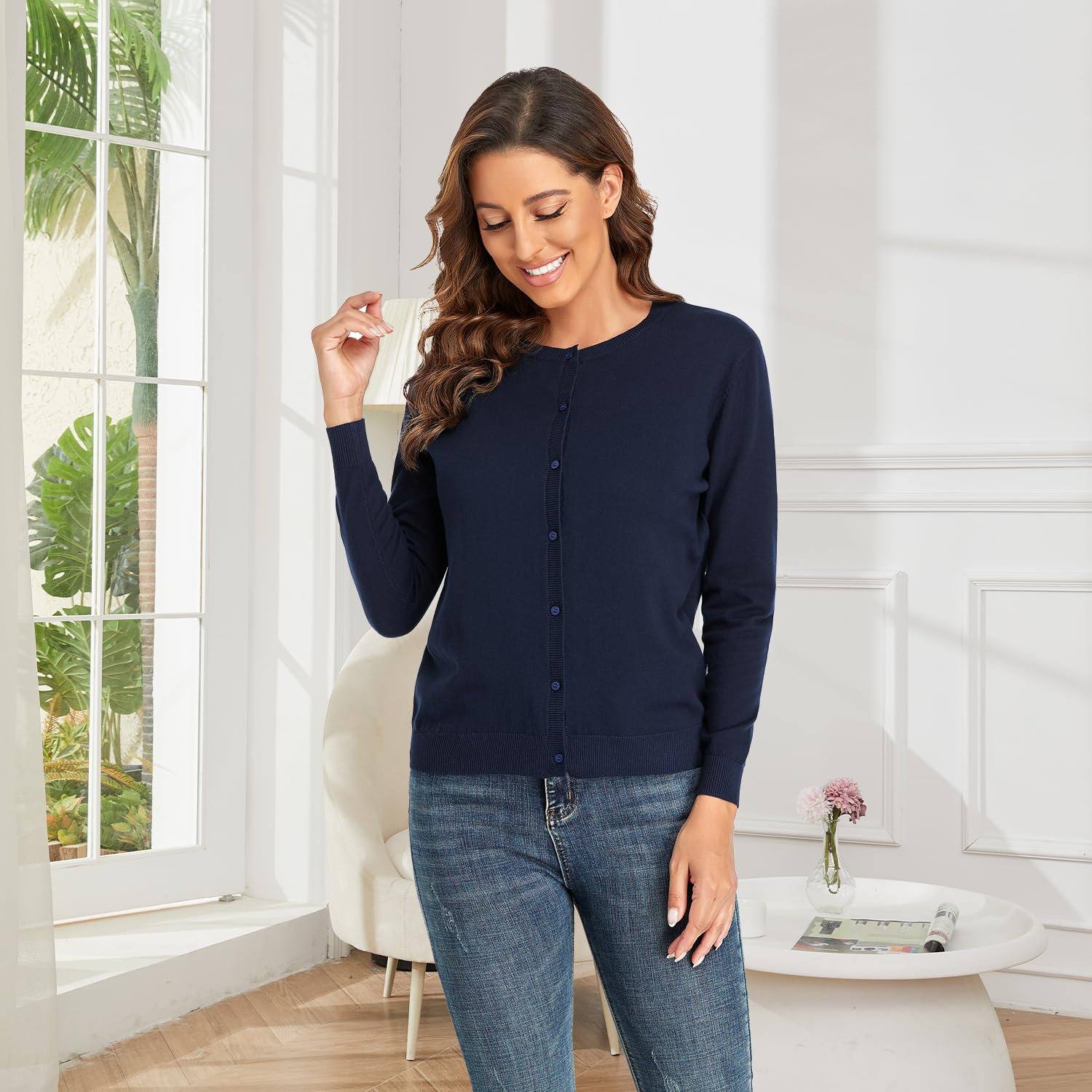 CUNYI Cardigan Donna Maglia con Bottoni Girocollo Classico Manica Lunga Giacca Cappotto Elegante, Blu Navy M