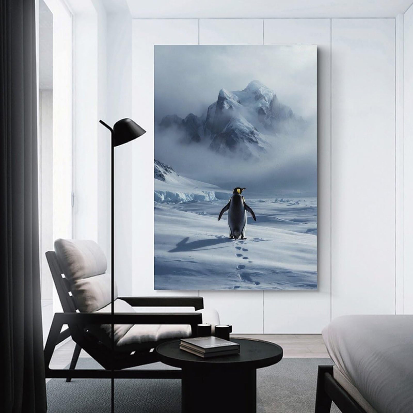 Junmoney Penguin in Antarctica with Mountain Backdrop Decorative Wall Artwork, 20x30inch(50x75cm), for Corridors, Hallways Or Apartment Entries, Home Artwork for First Impressions