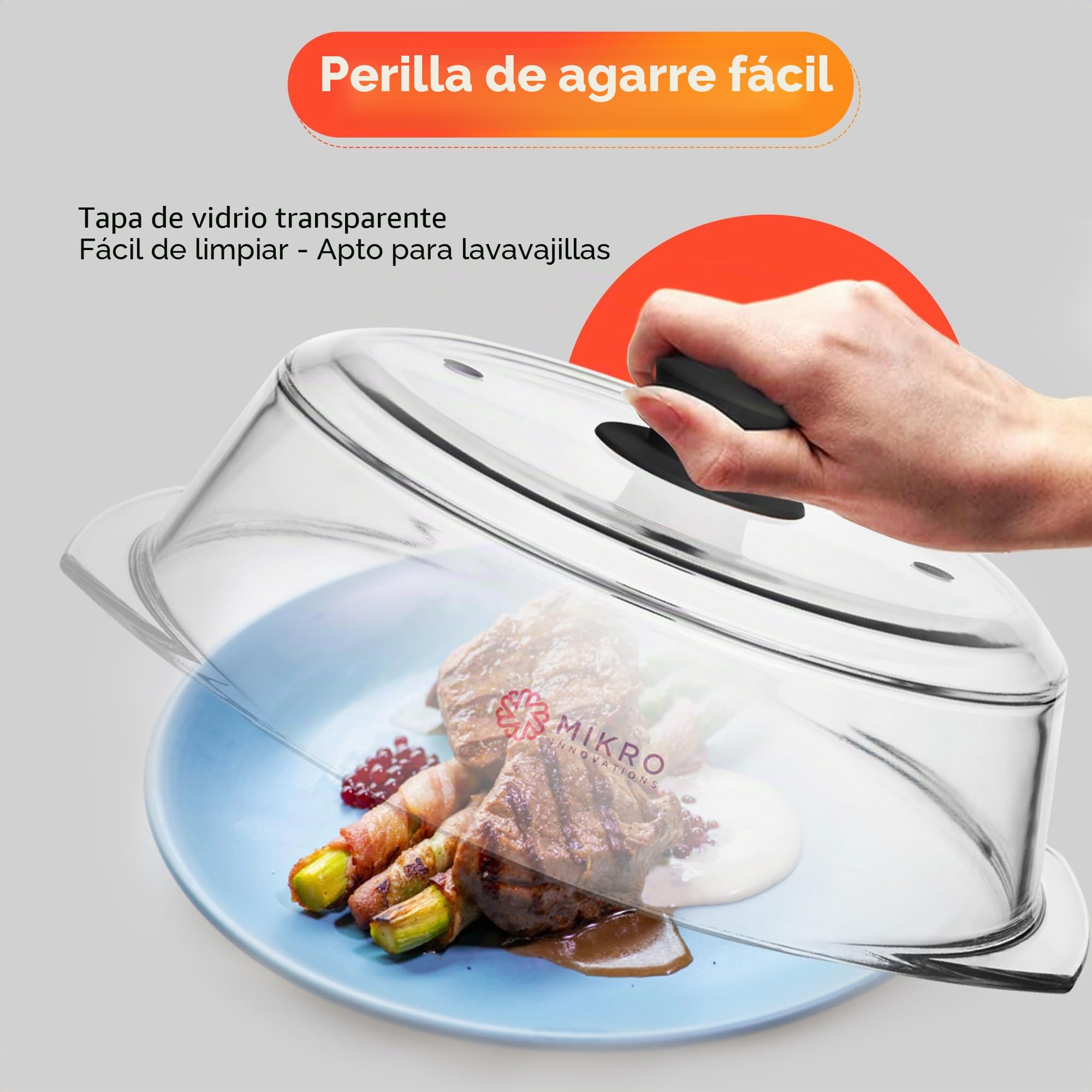 Cubierta alta de vidrio para salpicaduras de microondas | Tapa de vidrio transparente resistente 100% apta para alimentos, sin BPA, con mango de silicona de fácil agarre | Vidrio resistente para mayor