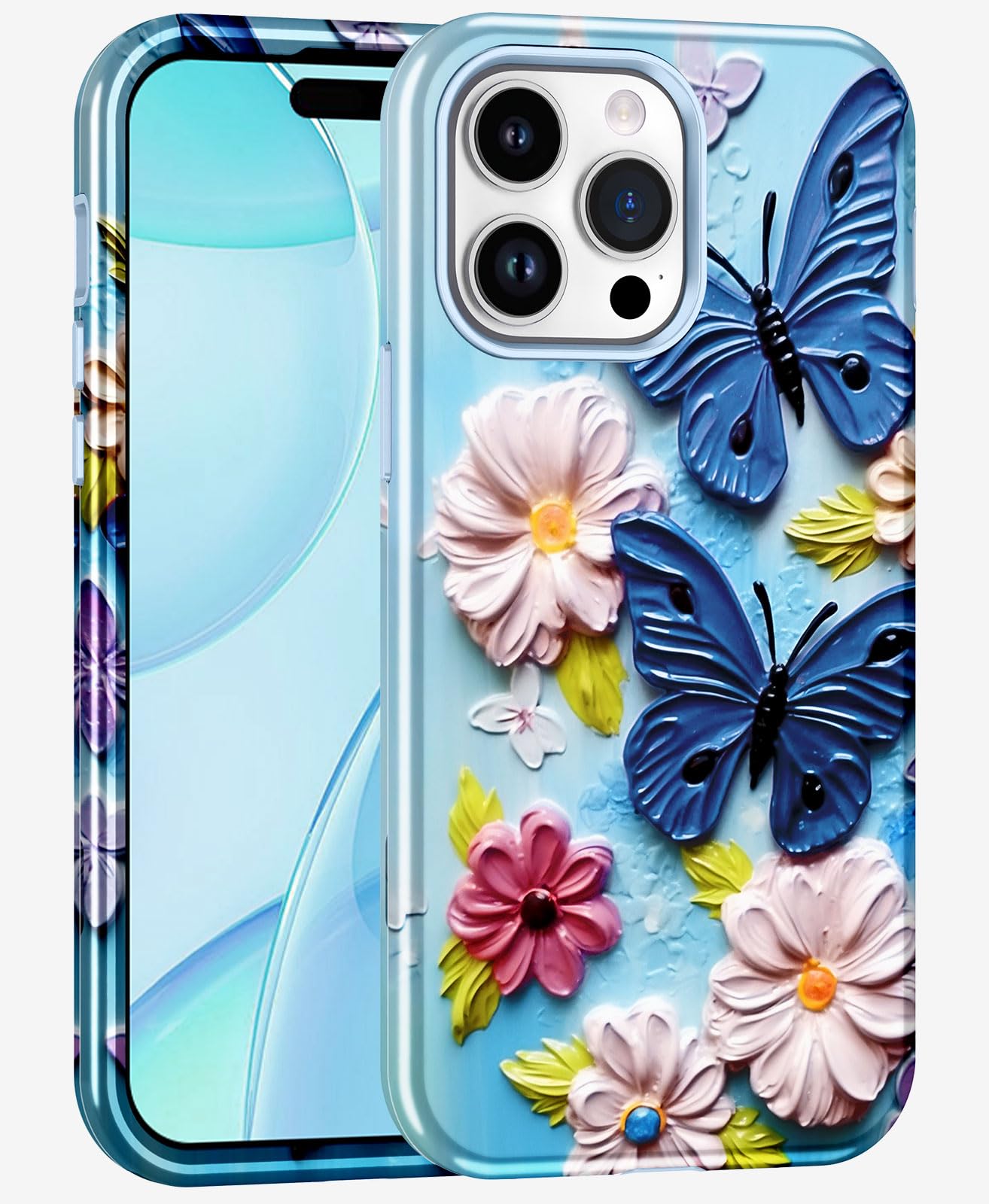 LONTECT for iPhone 14 Pro Max Case Shockproof 3 in 1 Heavy Duty Rugged Sturdy Protective Cover Hard Plastic Bumper +Soft Silicone Rubber Case for iPhone 14 Pro Max 6.7" 2022,Blue Butterfly