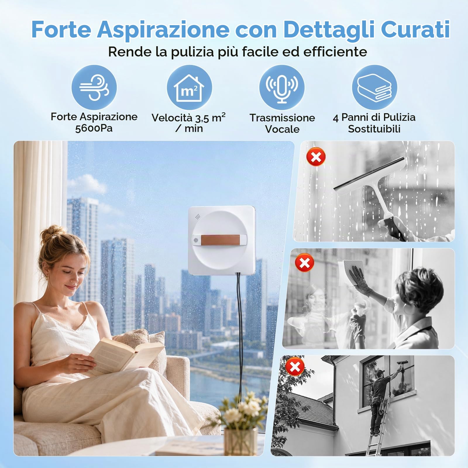 Robot lavavetri elettrico 5600 PA 0.35m/min, Robot lavavetri Robot per pulizia vetri con remoto, Controller 3 modalità di pulizia Robot lavavetri finestre Pulisci vetri elettrico