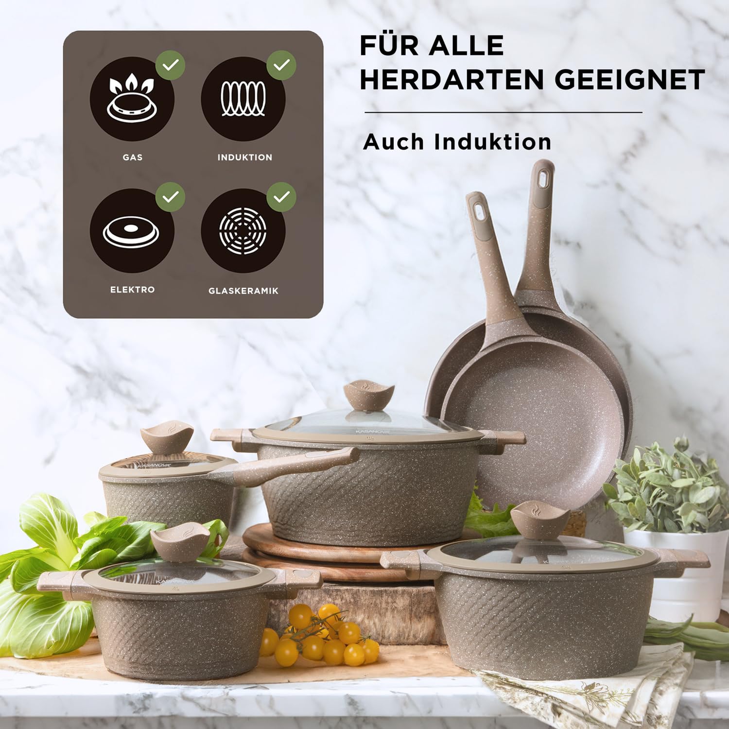 KASANOVA Antihaft-Topfset 0% Fett, Induktionskochgeschirr für alle Kochfelder, Pfannen- und Topfset mit 4-Schicht-Antihaftbeschichtung und modernem Design (10)