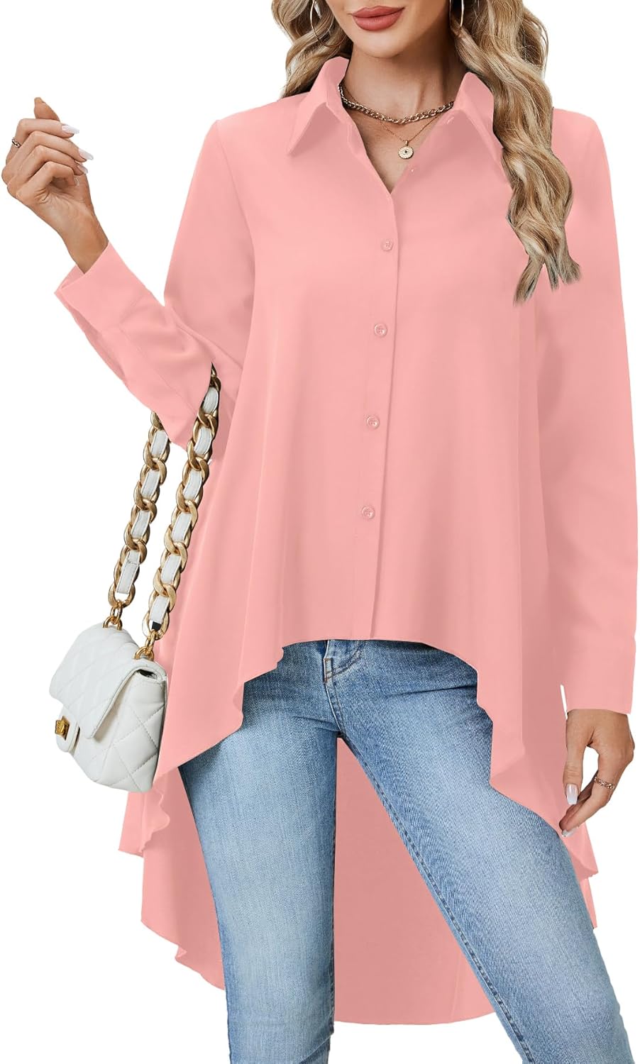 OPOIPIN Women's Button Down Asymmetrical Hem Collar V Neck Long Sleeve Blouse Top