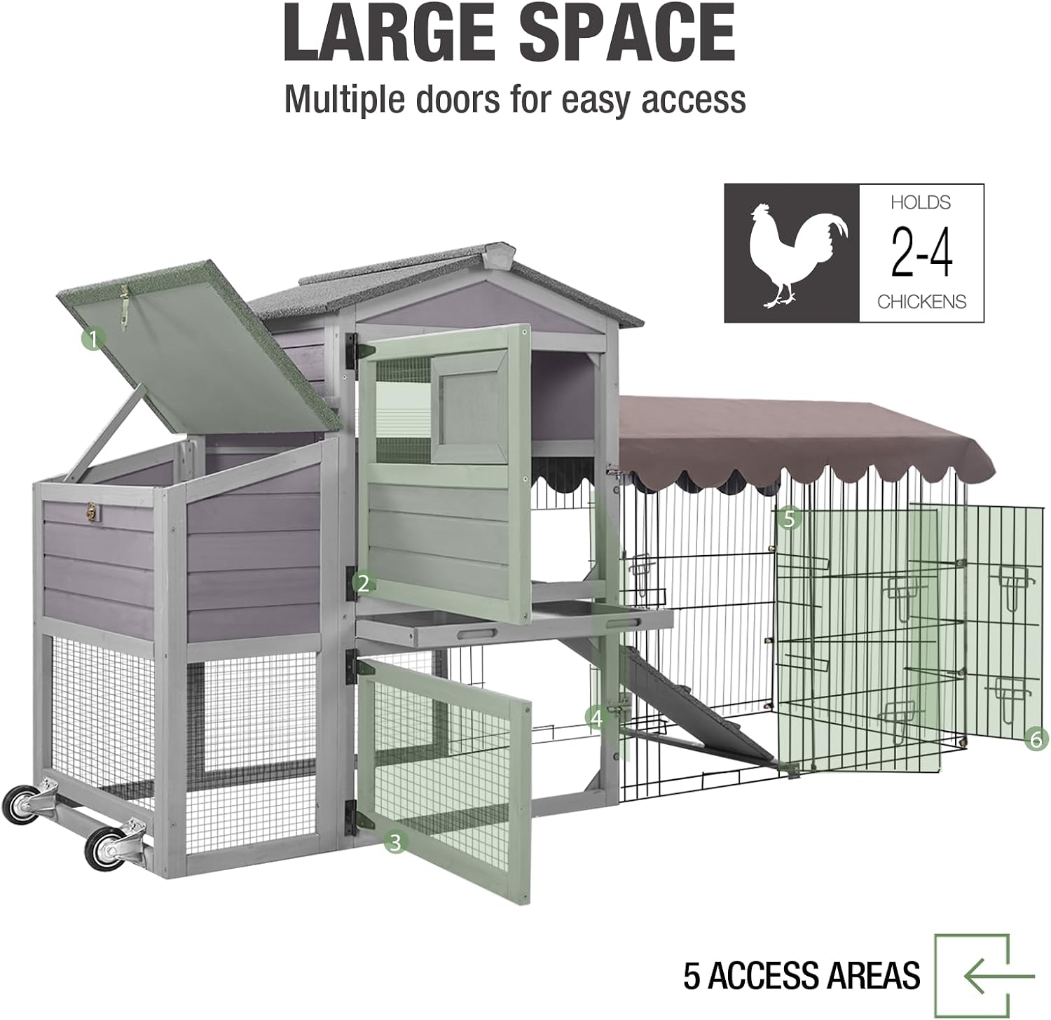 79.1’’ Large Chicken Coops with Wheels, Weatherproof Outdoor Chicken Tractor with Nesting Box, Hen Poultry Cage with Leakproof Slide Out Tray, Wooden Chicken House for 2-4 Chickens