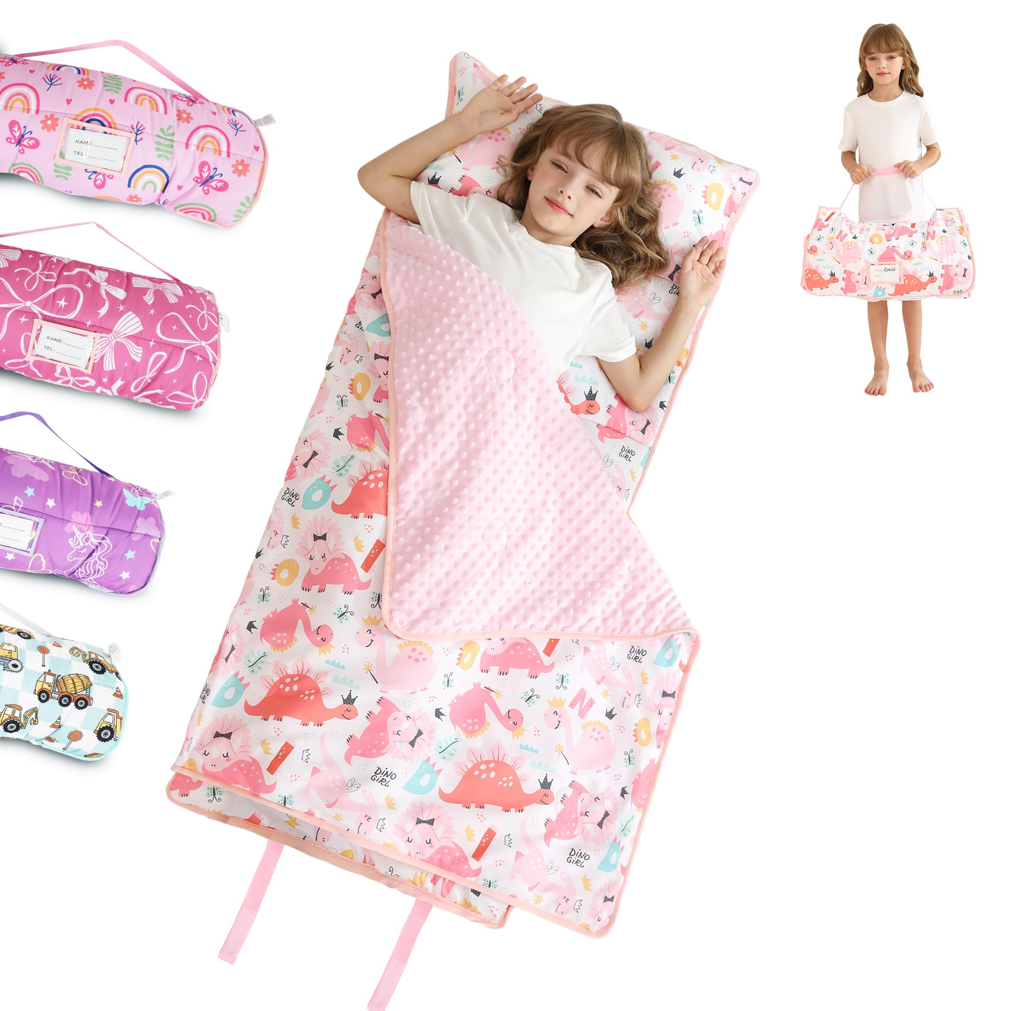 Toddler Nap Mat for Preschool 50''x30'' Sleeping Mat with Removable Pillow and Minky Blanket for Kids Ages 3-7 Roll Up Soft Sleeping Bag for Boys Girls Kindergarten Daycare Sleepover