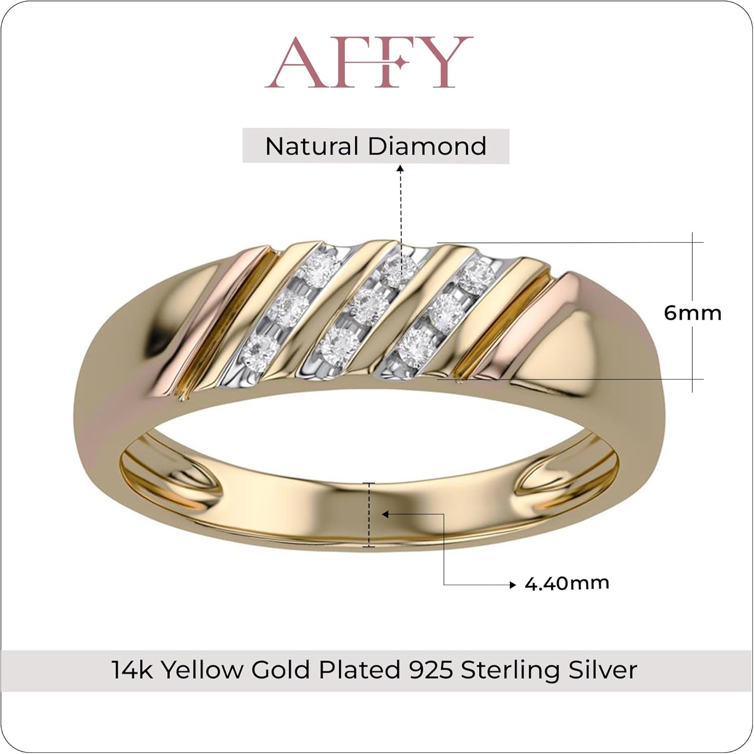 AFFY Men’s Round Cut White Natural Diamond Three-Row Wedding Band in 14K Gold Plated 925 Sterling Silver - Two-Tone Engagement Anniversary Ring Gift for Him (0.10 Cttw, I–J Color, I2–I3 Clarity)