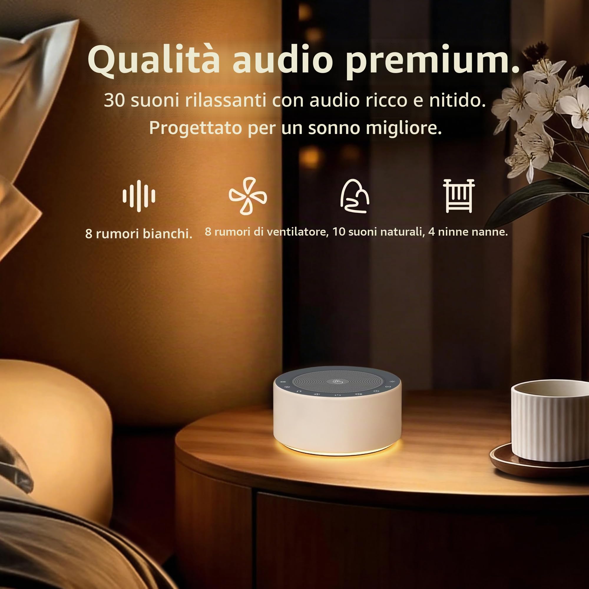 Macchina per il rumore bianco con 30 colonne sonore ad alta fedeltà, luci notturne a 7 colori, griglia e pulsanti in tessuto full touch, timer e memoria, plug-in, macchina audio per bambini