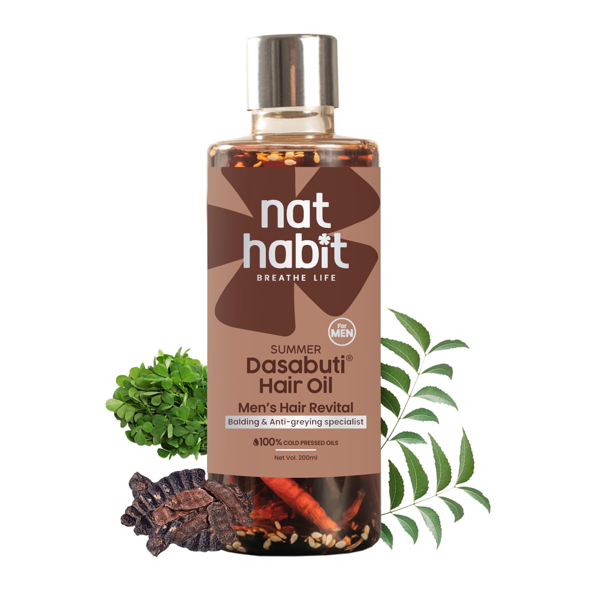 Nat Habit Men's Revital Dasabuti Hair Oil for Hairfall, Dandruff Control with 16 Herbs Soaked, Castor, Coconut -100 ml