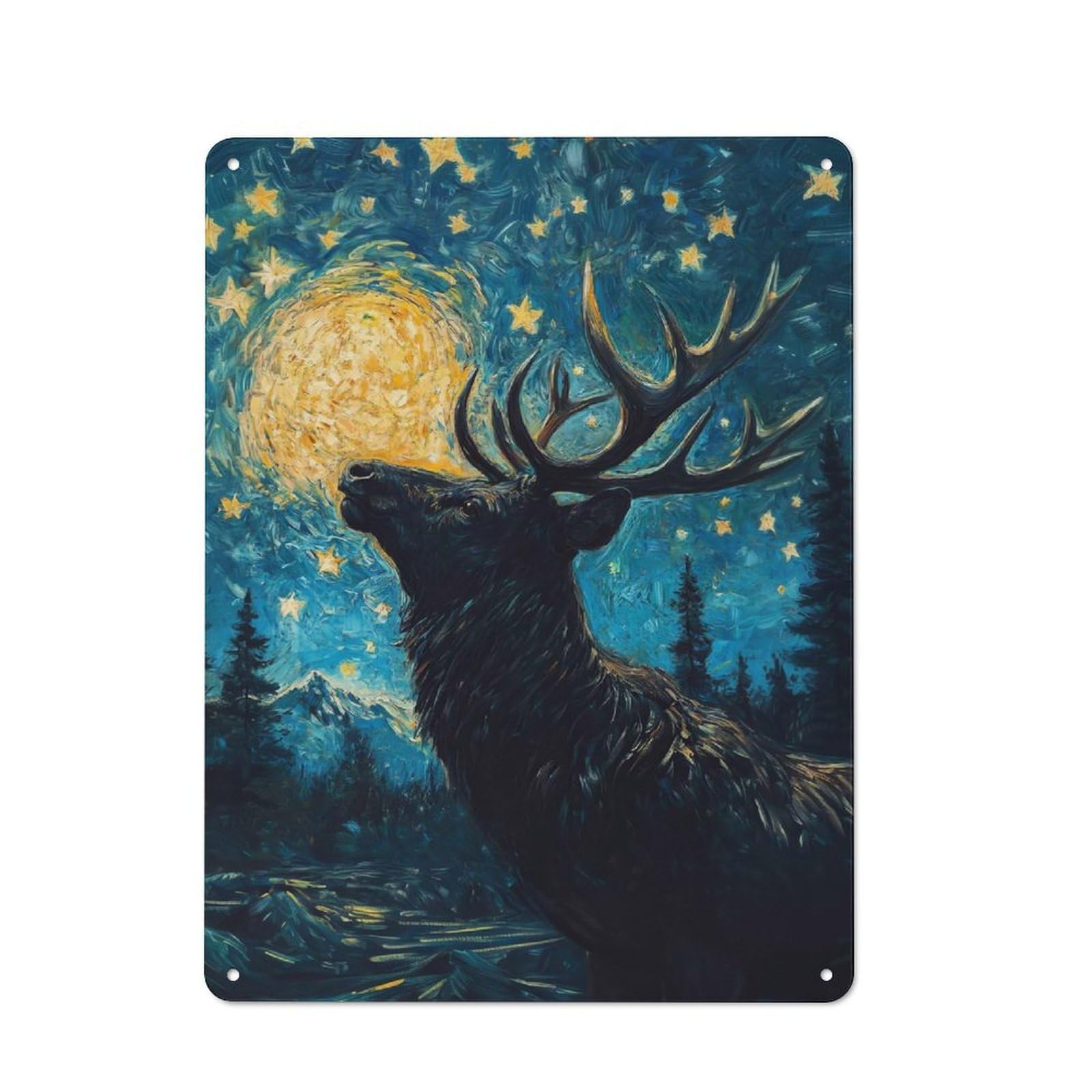 Junmoney Starry Night Deer Tin Wall Plaque With Design 40X30cm, Country Vintage Cottage Wall Art For Kitchen, Cottage, Porch Or Garden Room