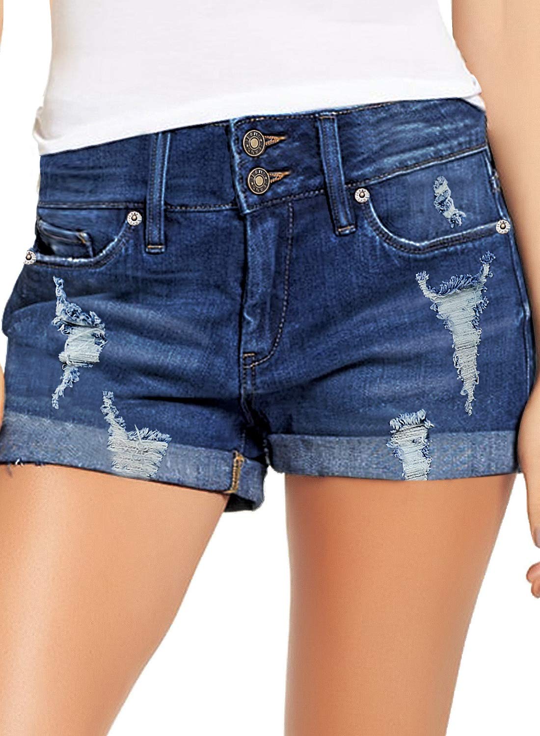 LookbookStoreWomen's High Waisted Rolled Hem Distressed Jeans Ripped Denim Shorts