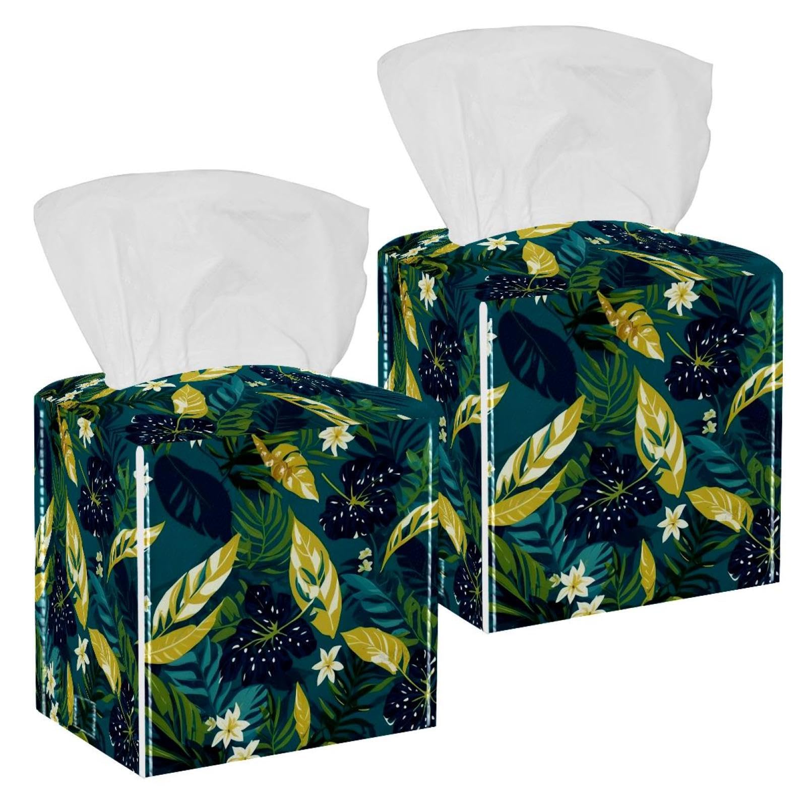 Artistic Leaves Tissue Box Cover, 2 Pack PU Leather Square Facial Tissue Dispenser Box holder for Home Office Car