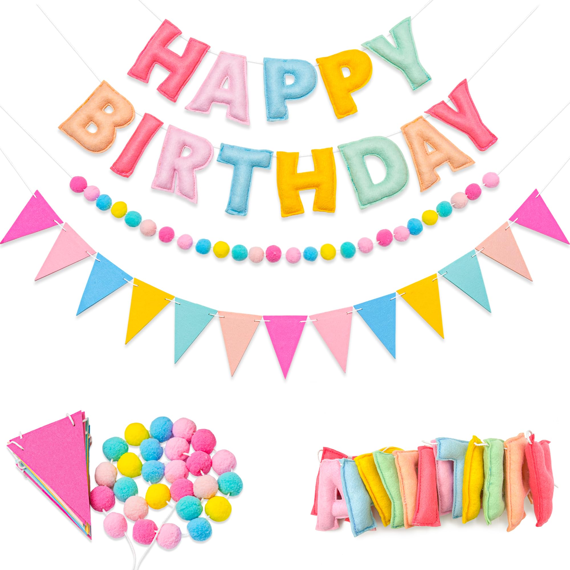 3Pcs Pre-Strung Pastel Felt Happy Birthday Banner Birthday Decorations