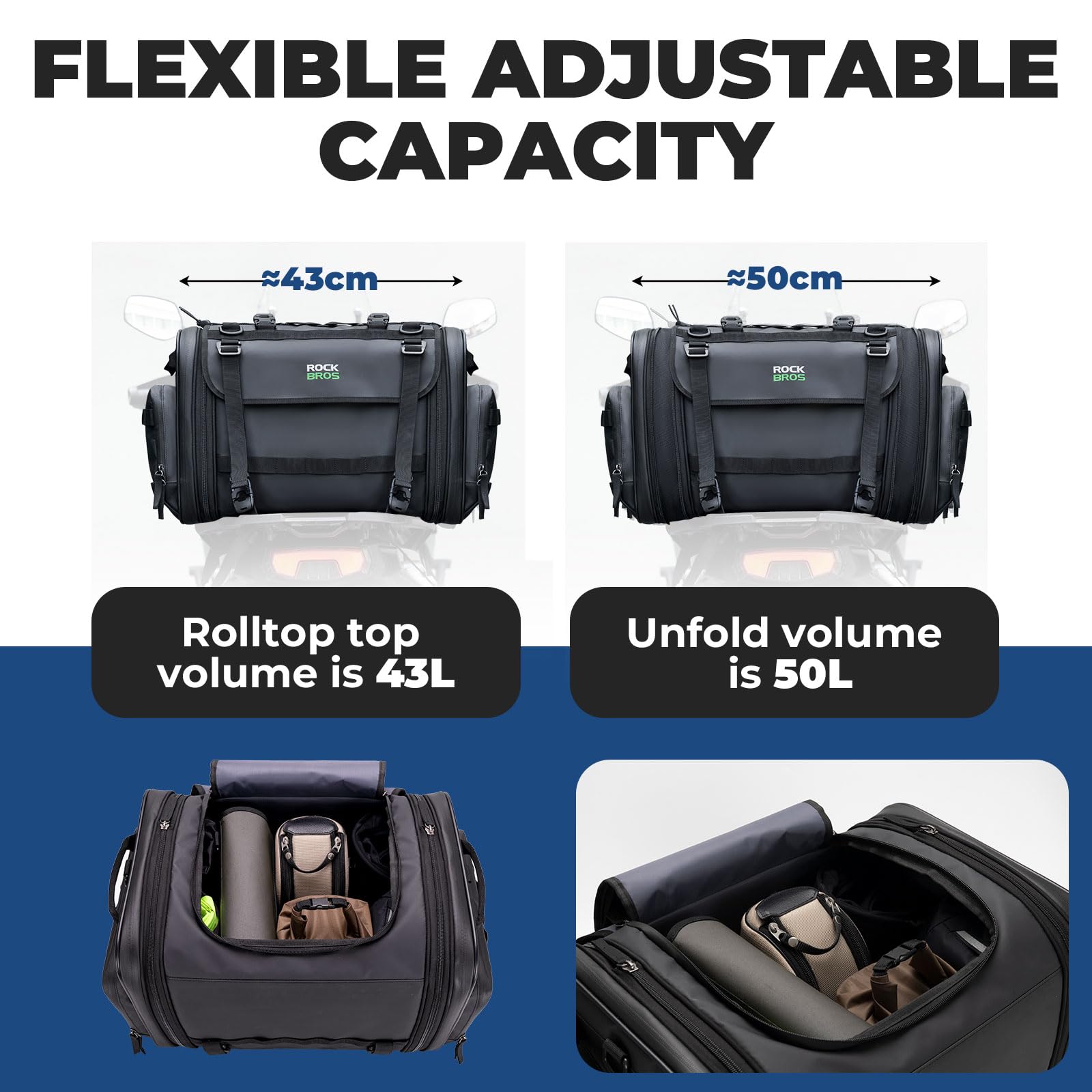 ROCKBROS Borsa Moto Posteriore, Borsa da Sella Moto Impermeabile, Grande Capacità Espandibile 43-50L, Bauletto Moto con Copertura Antipioggia in Regalo, Accessori da Moto e da Scooter