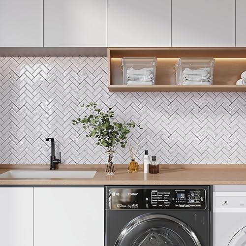 Miniatura 2 de CRE8TIVE 4 hojas de azulejos de espiga blanca para despegar y pegar para cocina, 12 x 12 pulgadas, azulejos autoadhesivos para azulejos de pared