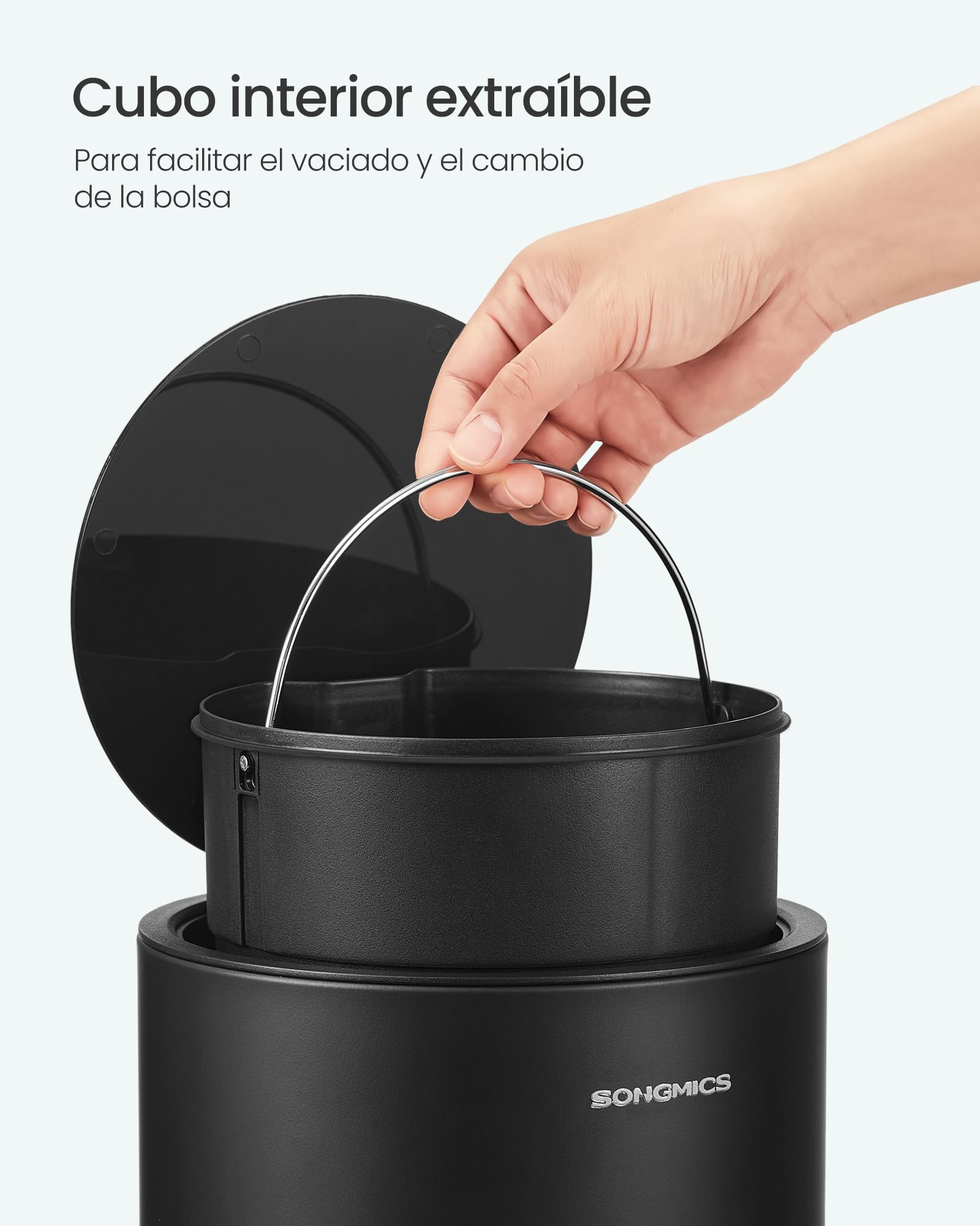 SONGMCIS Cubo de Basura para Cosméticos, 6 L, Cubo de Basura de Baño, con Tapa, Cierre Suave, con Pedal, Interior de Plástico Extraíble, para Baño, Oficina, Acero, Negro Tinta LTB012BZ01