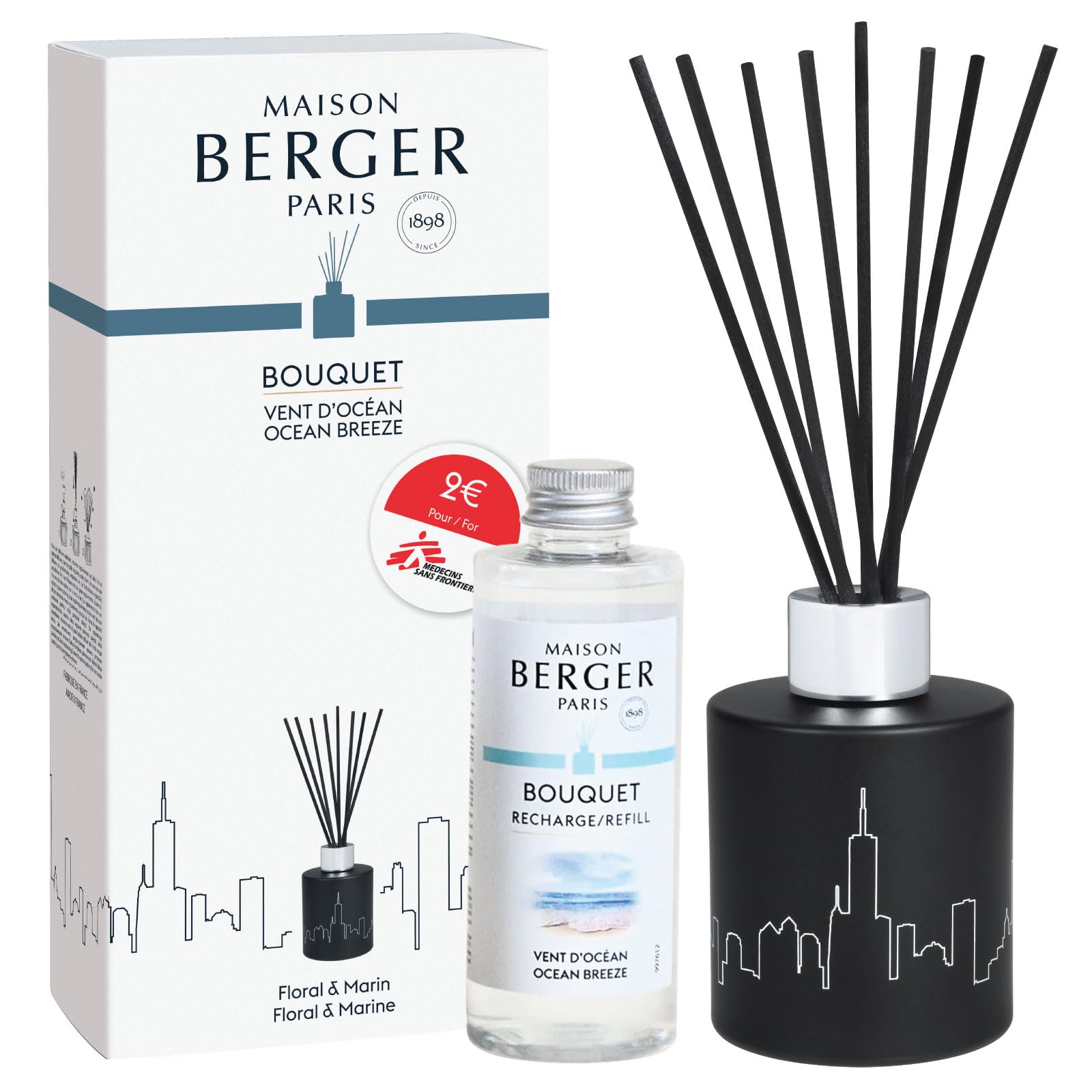 Maison Berger Scented Bouquet with Reed Sticks Prefilled with Fragrance Ocean Breeze, 100 milliliters /4.2Fluid Onces - Doctors Without Borders MSF - 9.1 x 9.1 x 3.1 inches