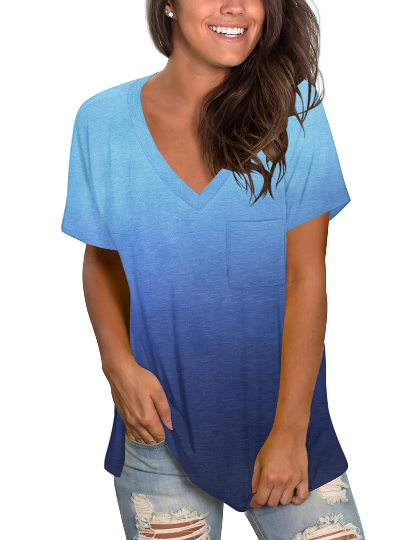 MOLERANI Womens T Shirts Short Sleeve V Neck Loose Summer Tees Basic Tops with Pocket Gradient Blue 2XL