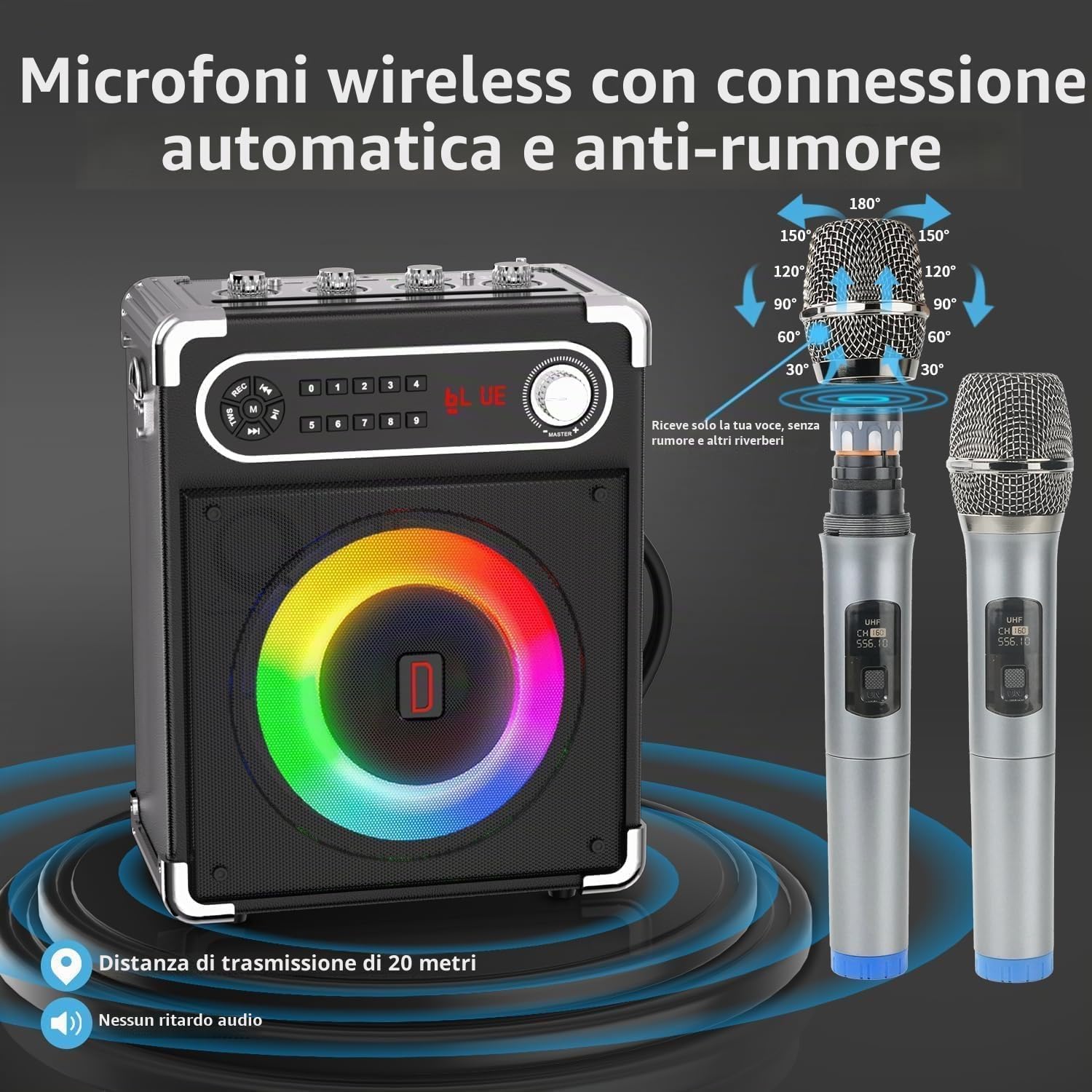 Macchina per karaoke con 2 microfoni wireless, altoparlante portatile Bluetooth 5.3 con luci LED, regolazione bassi/acuti, sistema PA con telecomando, supporta FM/AUX/USB/TF per feste