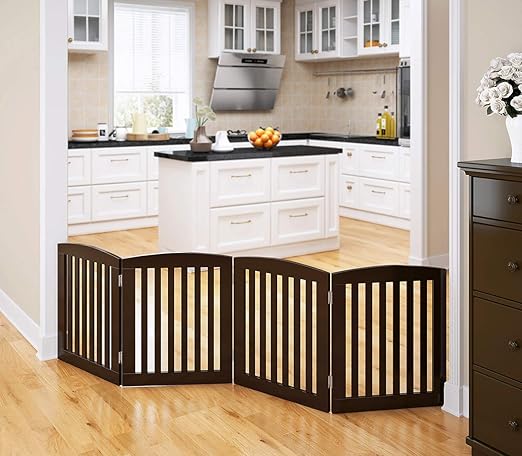 PAWLAND Wooden Freestanding Foldable Pet Gate for Dogs, 24 inch 4 Panel Step Over Fence, Dog Gate for The House, Doorway, Stairs, Extra Wide?Espresso)