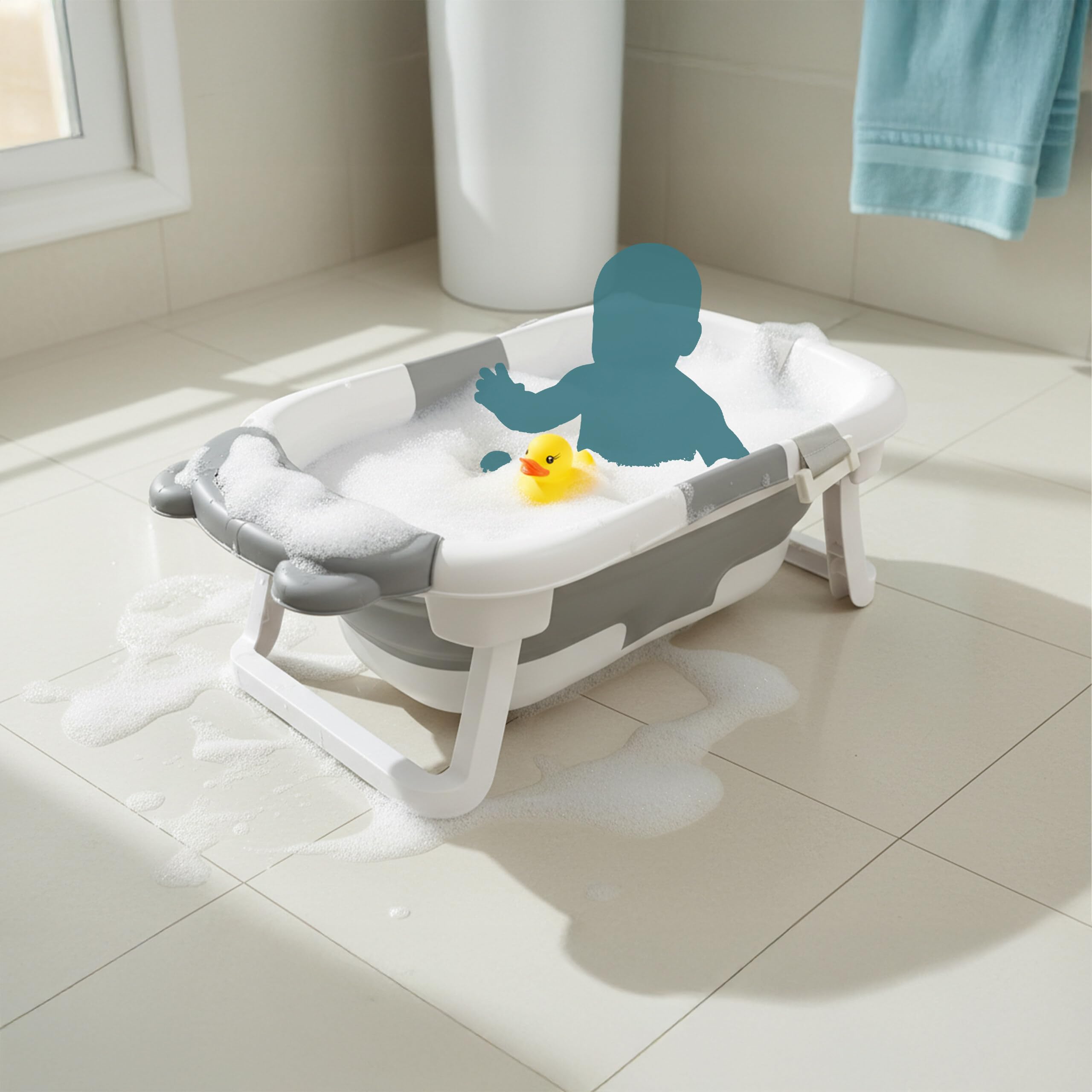 Relaxdays vaschetta da bagno pieghevole con cuscino morbido, crema e grigio