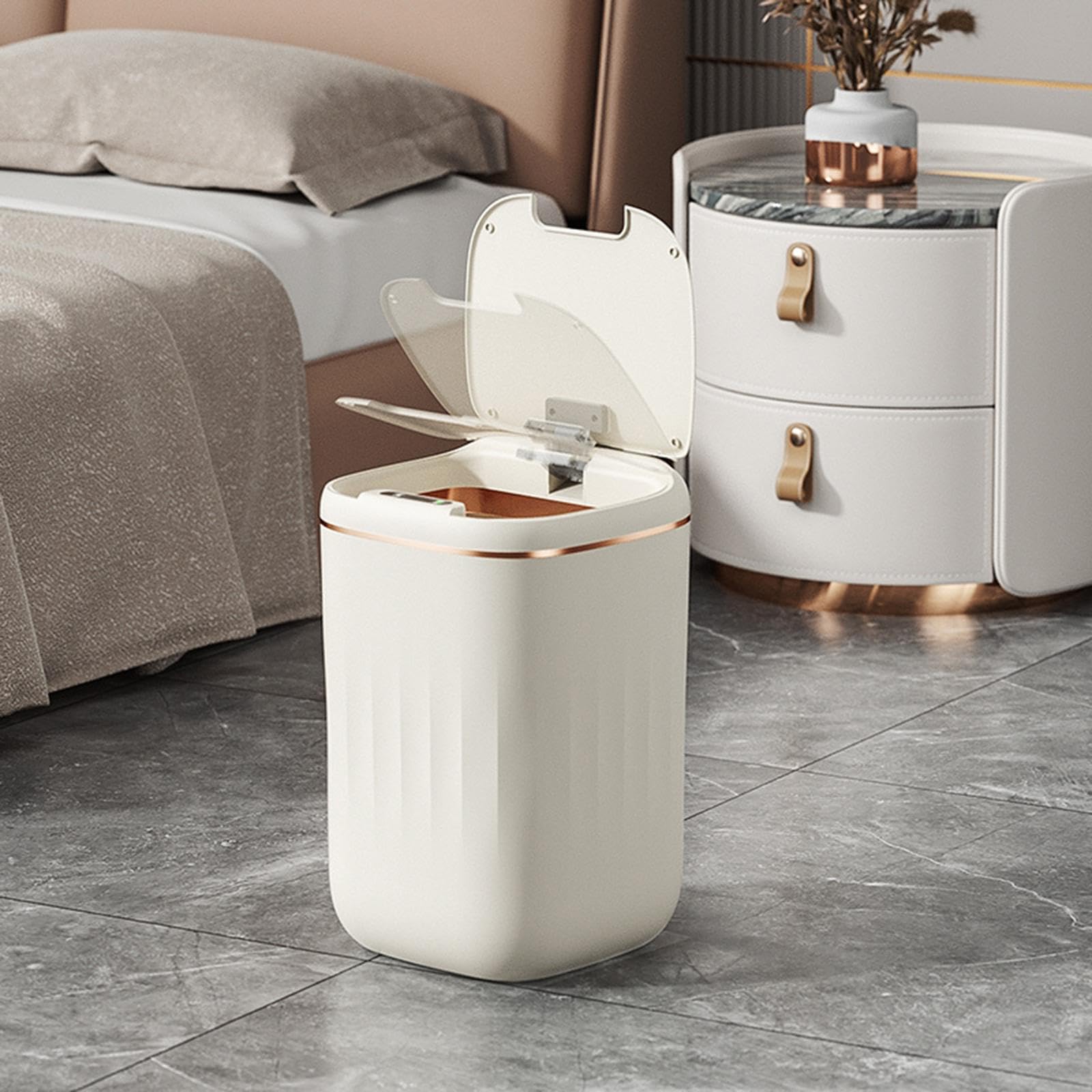 Papelera Automática, Papeleras de Baño con Tapa, Papelera Eléctrica, Papelera Sin Contacto para La Oficina, 24L Blanco Crema, Individual