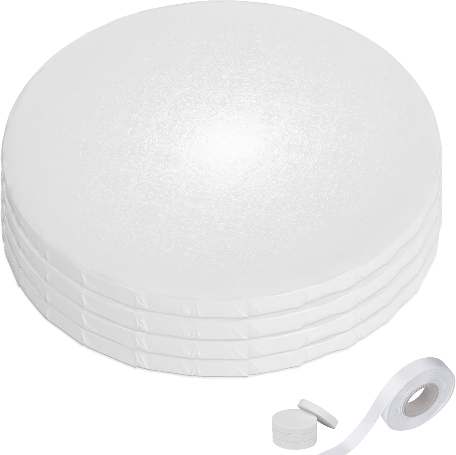 Promo 40% OFF Sturdy White Cake Drum 12 Inch 1/2 Thick (7 Pack) + Satin White Ribbon + Prop Up Tool | No Seam Greaseproof Foil Board | Bundle for Making The Perfect Presentation!