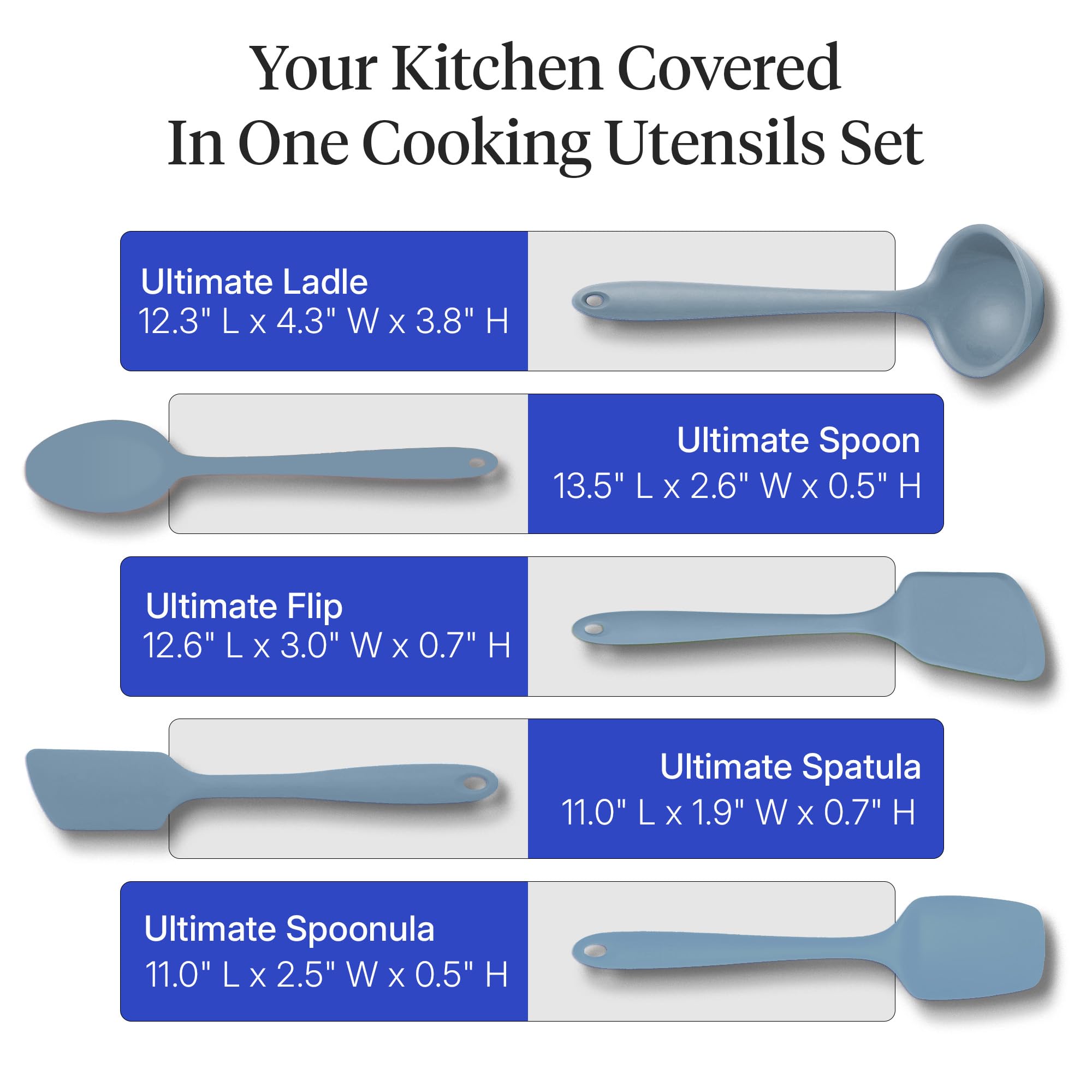 GIR: Get It Right - Set di 5 utensili da cucina in silicone – mestolo, spatola, capovolgimento, cucchiaio e cucchiaio, antiaderente, resistente al calore e lavabile in lavastoviglie, utensili da