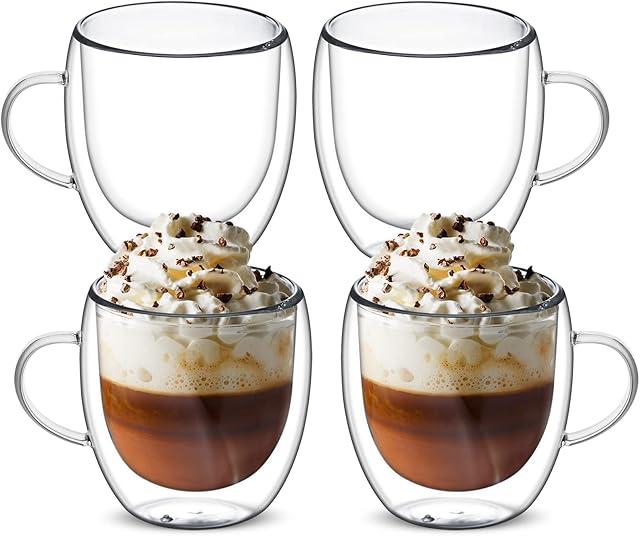 Set of 4 Double Walled Glass Mug Set, Heat Resistant Drinking Glass Coffee Mugs with Handle, Insulated Layer Coffee Cups, Clear Glass Mugs for Latte, Cappuccinos, Tea, Juice, Hot/Cold Drinks (250ml)