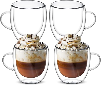 autumndeer Set of 4 Double Walled Glass Mug Set, Drinking Glass Coffee Mugs with Handle, Insulated Layer Coffee Cups, Clear Glass Mugs for Latte, Cappuccinos, Tea, Juice, Hot/Cold Drinks 250ml
