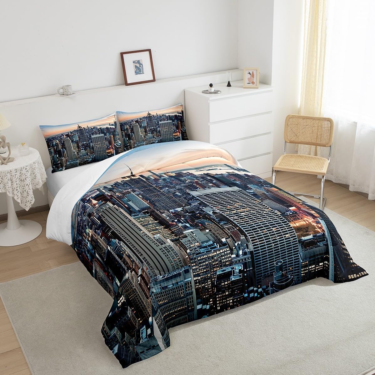 Feelyou New York Soft Comforter Set New York City Manhattan Skyline Cityscape Bedding Set Contemporary Artistic Sunset Landscape Quilt Collection 2Pcs Twin Size