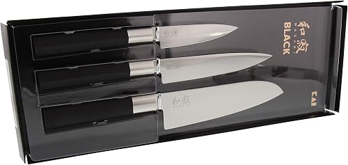 KAI Wasabi Black Knife Set - Utility Knife 10 cm, Utility Knife 15 cm, Santoku 16.5 cm - polished 6A/1K6 stainless steel 58 (±1) HRC - black polypropylene handle - Made in Japan