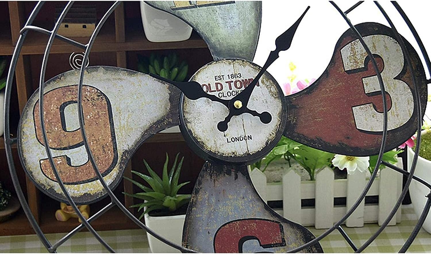 Large 16 Inches Metal Fan Shaped Wall Clock Outdoor Clocks for The Garden Wall Mounted Ornament Open Face Outside Clock Weatherproof Indoor Outdoor Decoration Clock