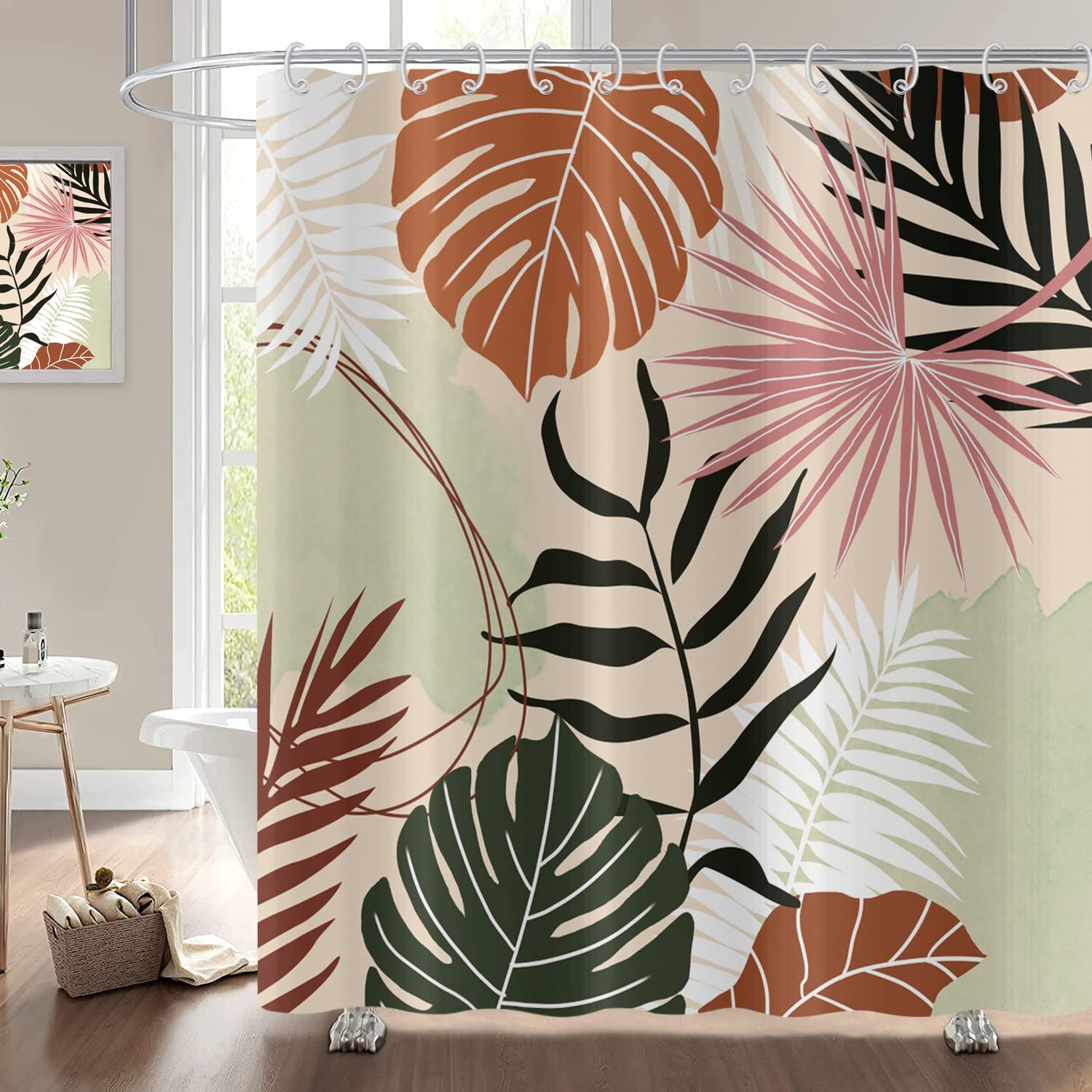 Boho Shower Curtain 120x180, Hnmdmyi Abstract Tropical Leaves Plant Colorful Bathroom Curtains Mid Century Modern Minimalist Aesthetic Art Waterproof Polyester Fabric Washable Bath Curtains with Hooks — image 1