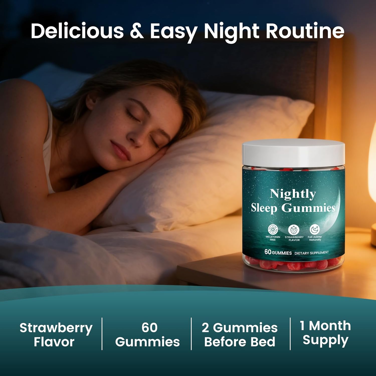 Nightly Sleep Gummies for Adults, Melatonin-Free Sleep Support, Calm Mind & Restful Sleep, Strawberry Flavor, 60 Gummies, 1 Bottle