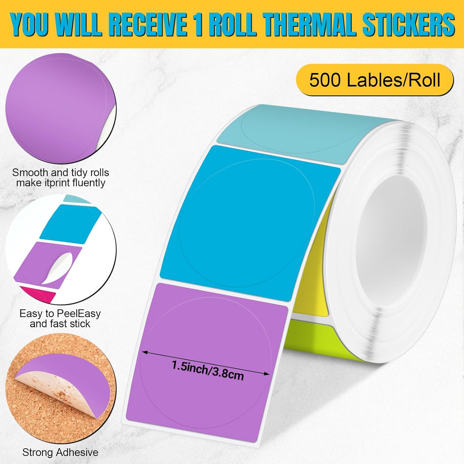 Ctosree 500 Pcs/ 1 Roll Thermal Sticker Labels Self Adhesive Direct Thermal Labels Multipurpose Printer Stickers for DIY, Name Tag(Round,1.5 Inches,Vibrant Color) - Image 2