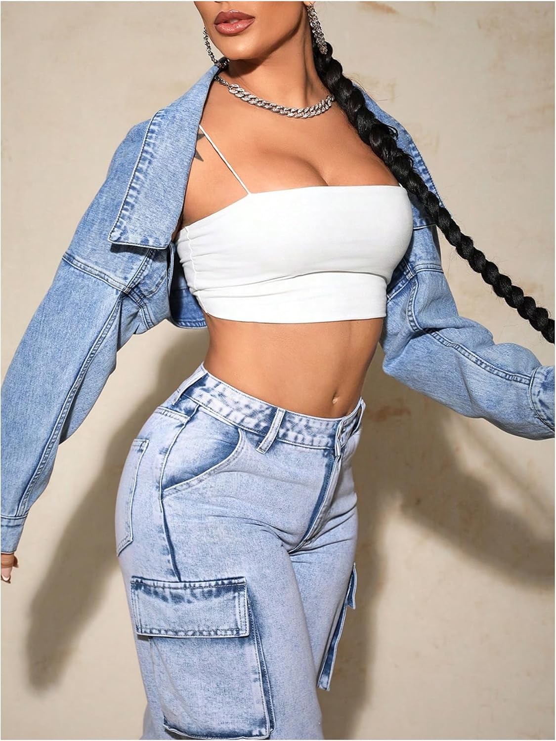 Floerns Women's Y2k Open Front Cropped Denim Jean Long Sleeve Street Jacket Coat - Image 3