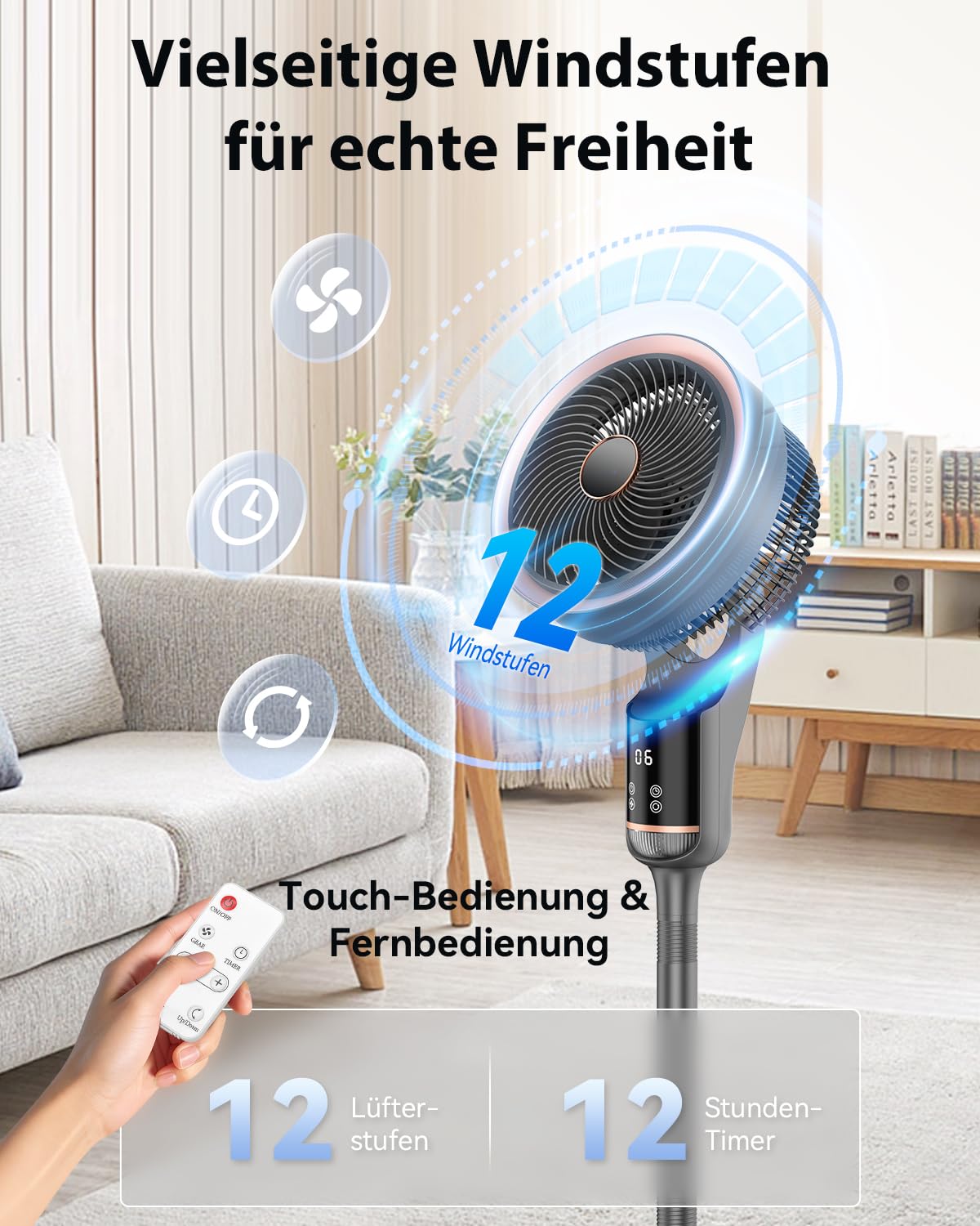 Standventilator,25 dB Ventilator leise mit Fernbedienung,12 Geschwindigkeiten,70°+90° Oszillation,12H Timer,Boden & Tischventilator mit LED-Display, Ventilator Groß für Schlafzimmer, Wohnzimmer