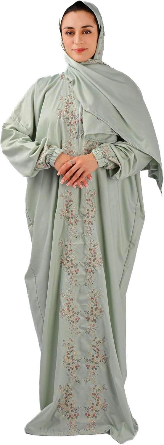 Peacock Embroidered Prayer Abaya – Free Modest Islamic Wear for Women – Full-Length with Matching Hijab – Soft & Comfortable Fabric Sea green, One Size