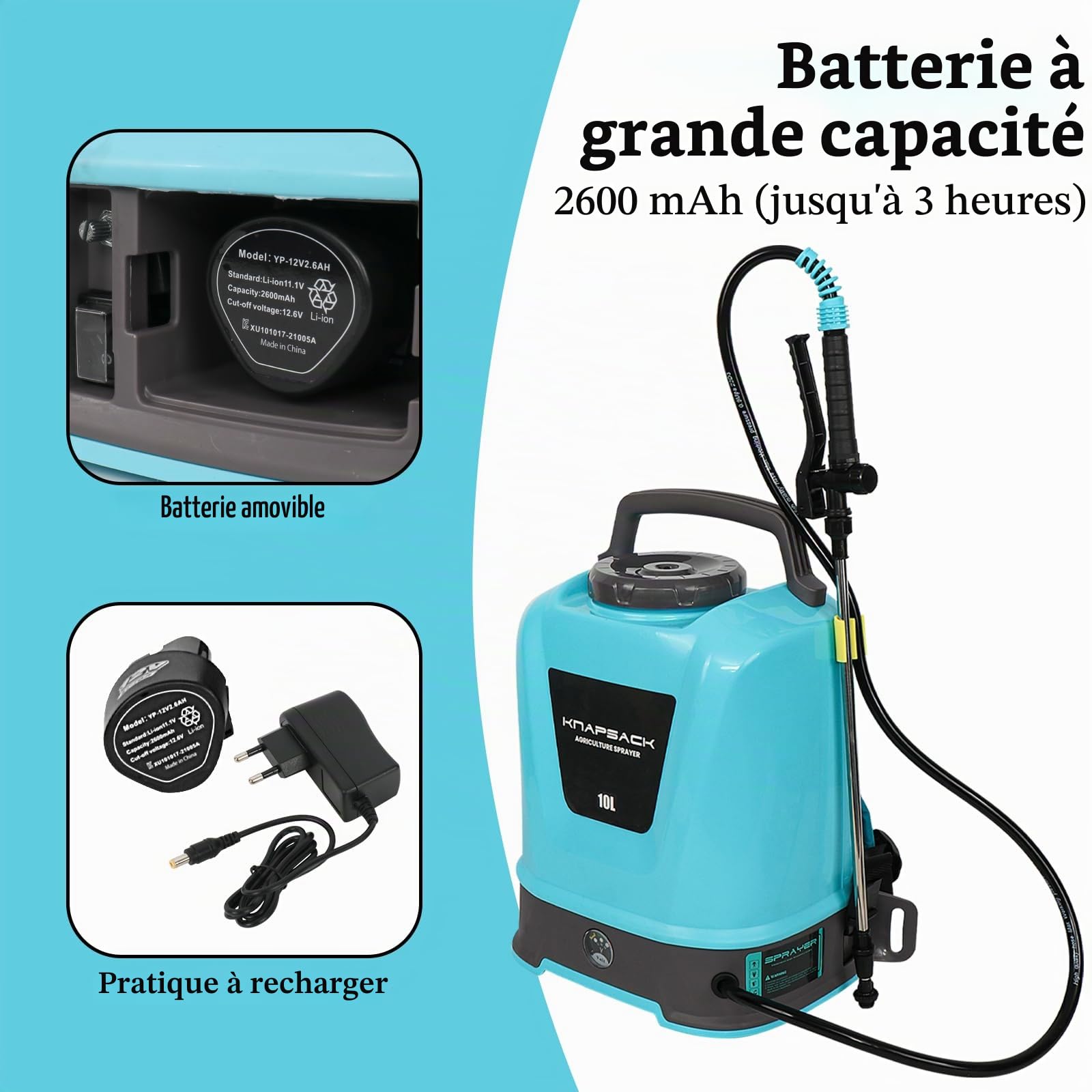 Pulvérisateur électrique à Batterie 10 litres Pulvérisateurs à Dos à Batterie Portables pour Plantes de Jardin Pulvérisateur à Pression 12V Rechargeable