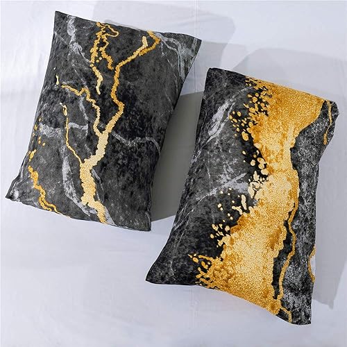 Miniatura 7 de Fan Juego de funda de edredón tamaño Queen con patrón de mármol reversible, color negro, blanco y dorado, funda de edredón de microfibra con cierre