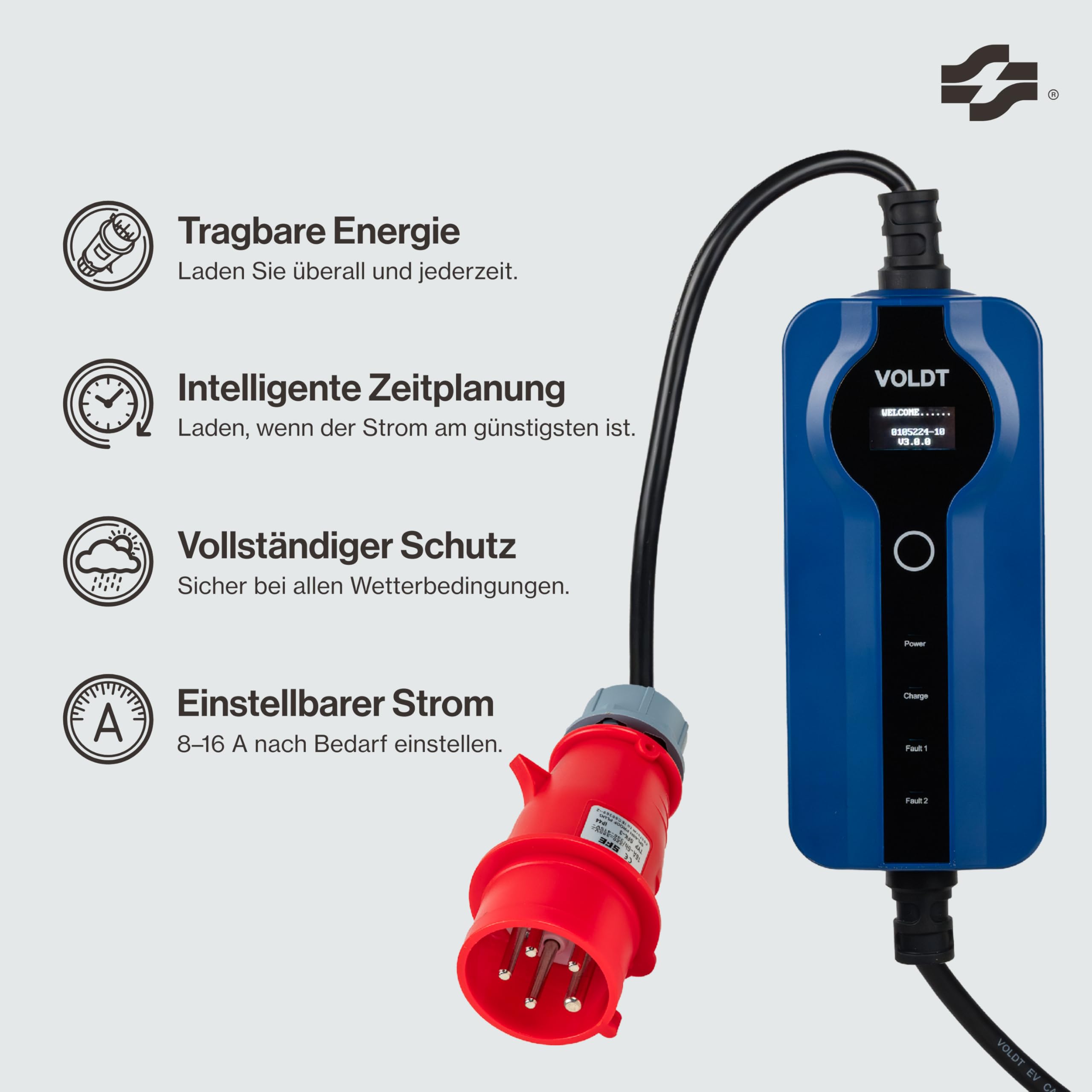VOLDT Typ 2 Ladekabel 11KW EV-Ladegerät mit CEE-Stecker, 8 A - 16 A dreiphasige Mobile Wallbox-Ladestation mit Display für Elektrofahrzeuge IP67, TÜV, CE geschützt tragbares Ladegerät (5 Length)