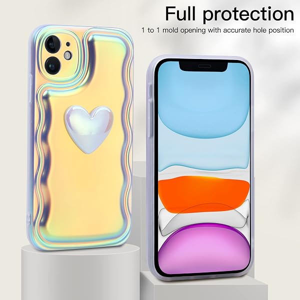 JiuWang Funda iPhone 11 Pro MAX Rosa Iridescente, Corazón 3D & Borde Ondulado, Carcasa IMD PC AntiGolpes, Diseño Kawaii Cute para Mujer y Niña - 2