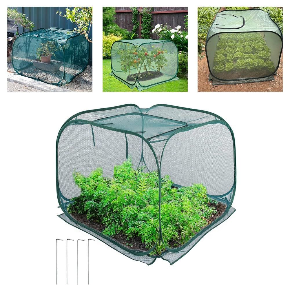ZYNCUE Copertura per piante pieghevole in rete con 4 paletti, rete da giardino verde per protezione e controllo dei parassiti, protezione per piante da esterno riutilizzabile